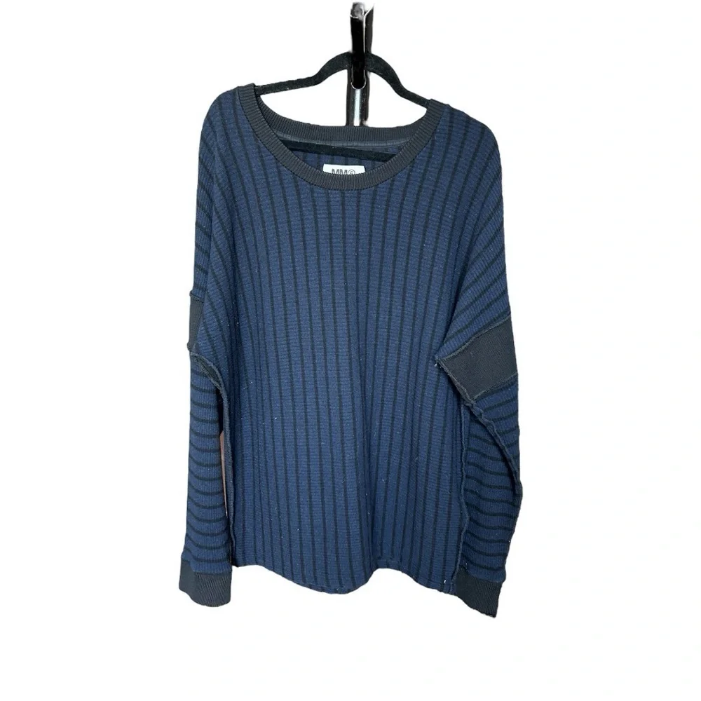 MM6 Maison Margiela Long Sleeve Striped Knit Ribbed Sweater Navy Blue